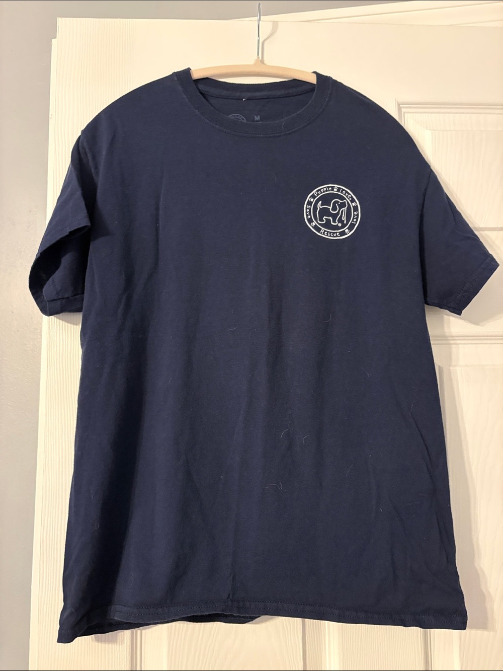 Puppie Love Crewneck Tee in Navy with Chest Logo- Medium